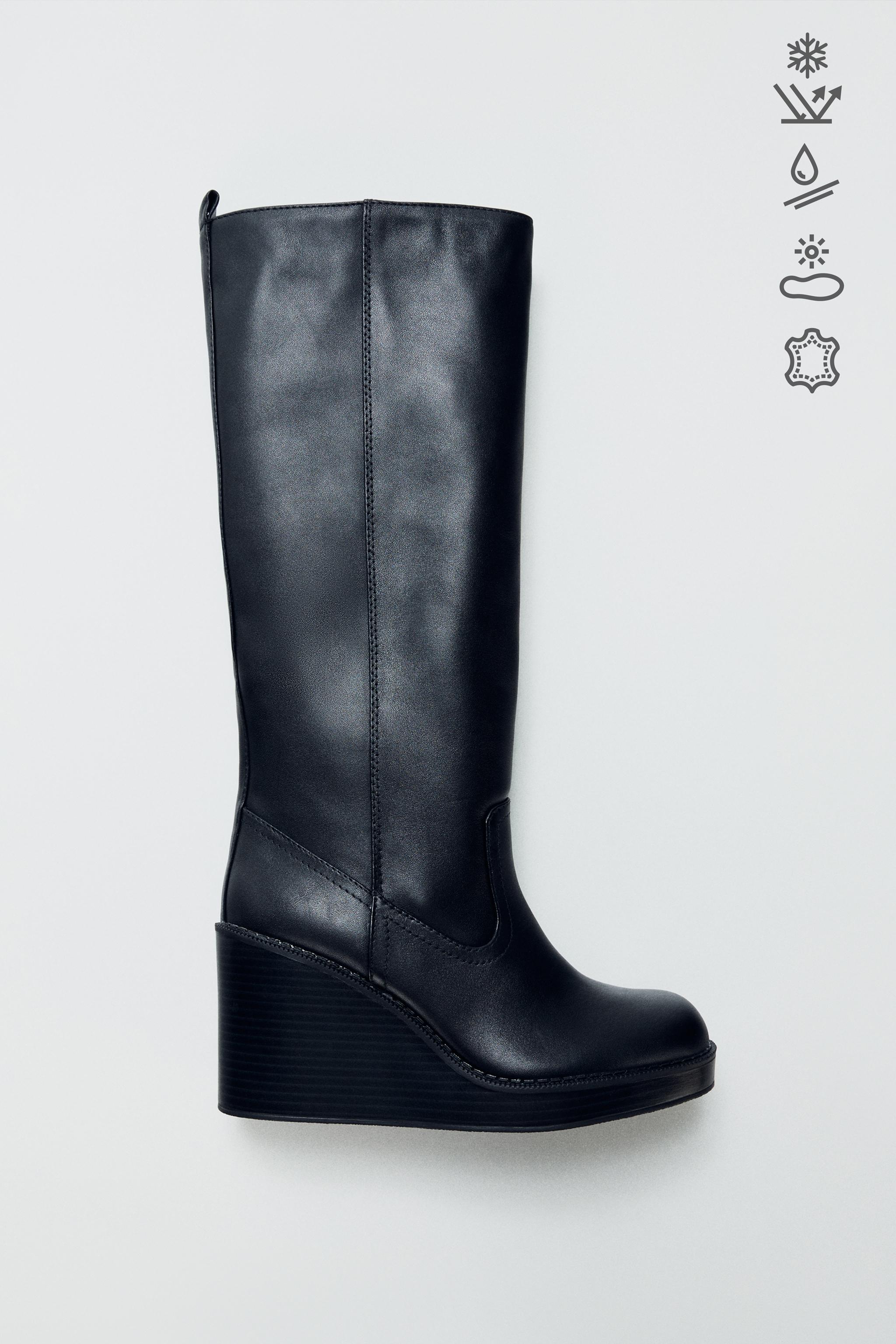 LEATHER WEDGE HEEL WATER REPELLENT BOOTS